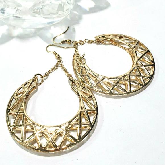 Large Gold Tone Open Work Hoop Earrings - Picture 4 of 7